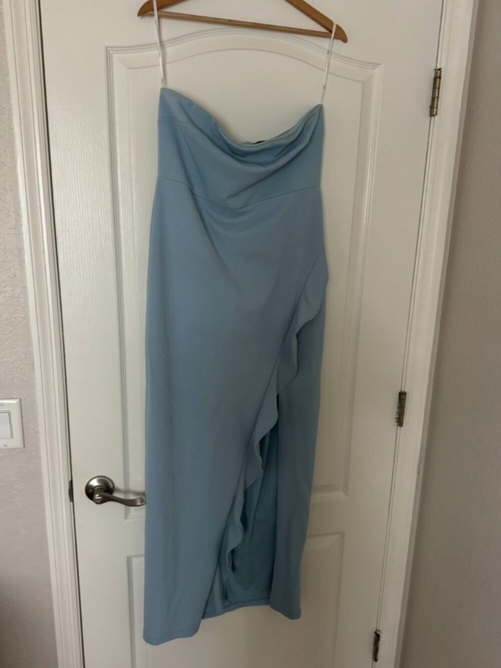 Lulu's blue strapless maxi dress with ruffle slit